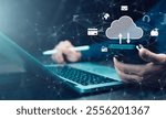 Cloud technology concept Global network of metaverse systems concept, Man hand touch data with internet cloud technology and File Transfer backup copy,Global business  Internet for Telecommunication