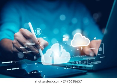 Cloud technology concept Global network of metaverse systems concept, Man hand touch data with internet cloud technology and File Transfer backup copy,Global business  Internet for Telecommunication