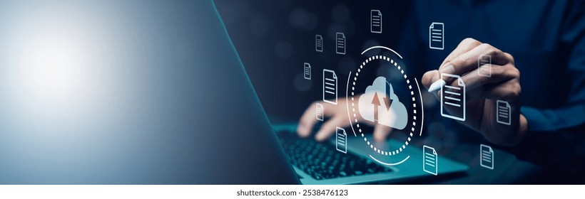 Cloud technology concept Global network of metaverse systems concept, Man hand touch data with internet cloud technology and File Transfer backup copy,Global business  Internet for Telecommunication