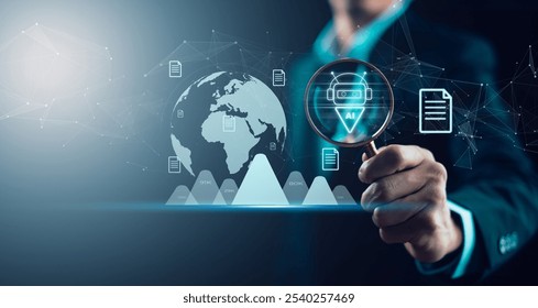 Cloud technology concept Global network of metaverse systems concept, Man hand touch data with internet cloud technology and File Transfer backup copy,Global business  Internet for Telecommunication