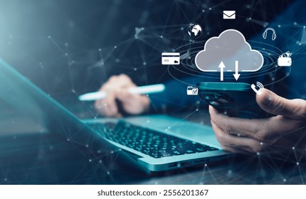 Cloud technology concept Global network of metaverse systems concept, Man hand touch data with internet cloud technology and File Transfer backup copy,Global business  Internet for Telecommunication
