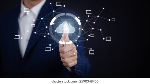 Cloud technology concept Global network of metaverse systems concept, Man hand touch data with internet cloud technology and File Transfer backup copy,Global business  Internet for Telecommunication