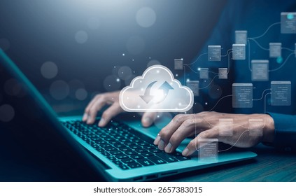 Cloud technology concept Global network of metaverse systems concept, Man hand touch data with internet cloud technology and File Transfer backup copy,Global business Internet for Telecommunication