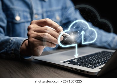 Cloud technology concept Global network of metaverse systems concept, Man hand touch data with internet cloud technology and File Transfer backup copy,Global business Internet for Telecommunication