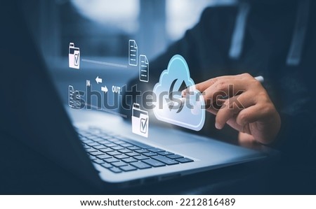Cloud technology concept Global network of metaverse systems concept, Man hand touch data with internet cloud technology and File Transfer backup copy,Global business  Internet for Telecommunication