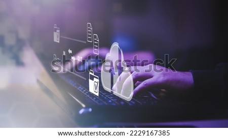 Cloud technology concept Global network of metaverse systems concept, Man hand touch data with internet cloud technology and File Transfer backup copy,Global business  Internet for Telecommunication