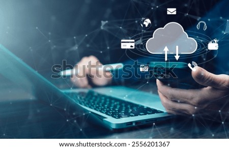 Cloud technology concept Global network of metaverse systems concept, Man hand touch data with internet cloud technology and File Transfer backup copy,Global business  Internet for Telecommunication