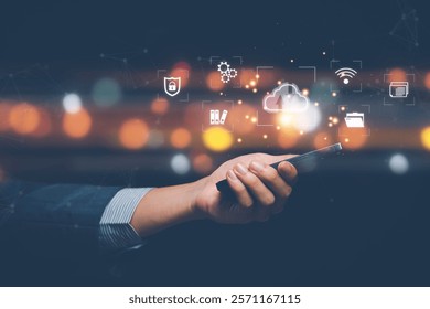 Cloud technology concept showing global network and metaverse systems. Man’s hand touching data with internet cloud, file transfer, backup copy, and global telecommunication business.