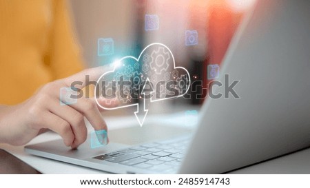 cloud technology concept. Women with cloud computing diagram shown on hand. Cloud technology. Data storage. Networking and Internet service for telecommunications.