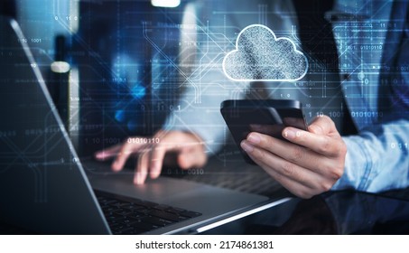 Cloud technology. Data storage and backup. Networking and internet service concept. Woman using laptop computer and mobile phone with cloud computing diagram