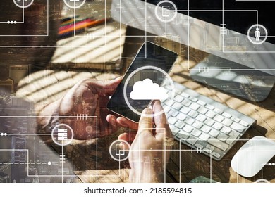 Cloud technology. Data storage and backup. Networking and internet service concept. Using laptop computer