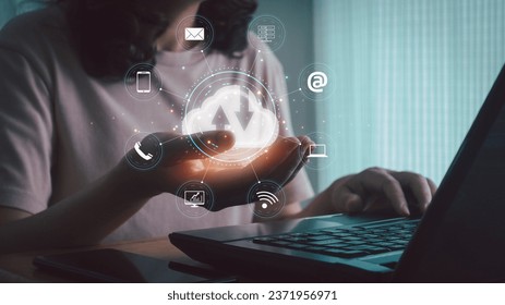 Cloud technology, Data storage backup, Server networking and internet service solution application concept. User use laptop computer with cloud platform icon on screen. Business digital marketing tool
