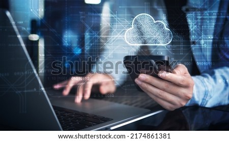 Cloud technology. Data storage and backup. Networking and internet service concept. Woman using laptop computer and mobile phone with cloud computing diagram