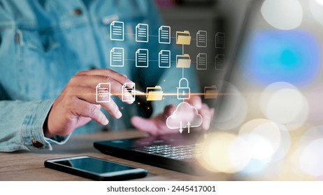 	Cloud technology and Data storage concept, Concept of Exchange information and data with internet cloud technology.FTP(File Transfer Protocol) files receiver. File sharing isometric.rring documents