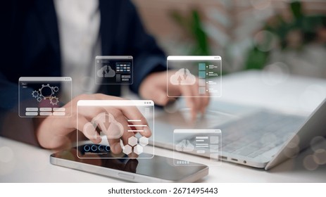 Cloud technology and data storage concept with businessman using laptop and smartphone, digital cloud computing icons representing networking, online service, internet connection, and digital business