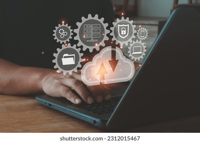 Cloud technology. Data storage. Networking and internet service concept. Businessmen use laptop to access the cloud computing system diagram. big data, internet of things, business processes. - Shutterstock ID 2312015467