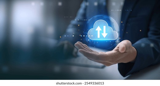 Cloud Technology with Digital Data Transfer, Person holding a cloud icon with upload and download arrows, symbolizing data transfer, cloud technology, and global connectivity.