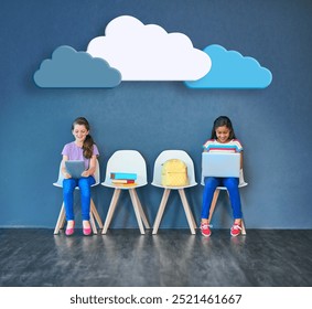 Cloud, technology and education with children in studio for online classes, connection and remote learning. Study portal, virtual school and knowledge with students on wall background for webinar - Powered by Shutterstock - Get 15% off with code: PIKWIZARD15