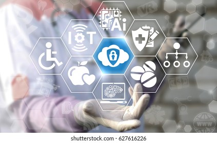 Cloud IT technology insurance in medicine. Health care IoT, AI, Computing security web concept. Doctor offers internet storage shield lock icon. Protection and safety Big Data center introduction.