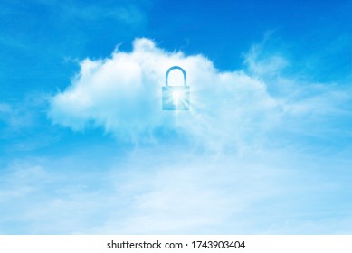 Cloud Technology, Internet, Digital and Networking Security Concept : Lock icon symbol on white cloud in blue sky.