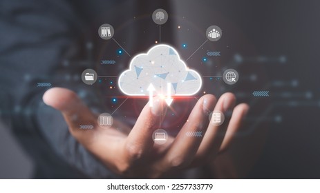 Cloud technology internet storage network, man access data storage and network with connection line business icon. Networking and internet service concept.