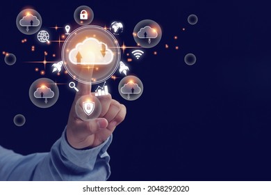 Cloud technology management big data includes business strategy, customer service. Hand touching to virtual cloud computing for development system business data to the future.