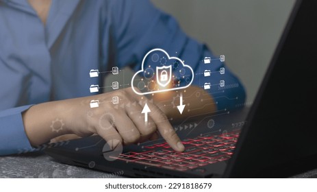 cloud technology management concept Cloud with digital lock icon appears while businessman working on laptop computer Data transfer protection and security