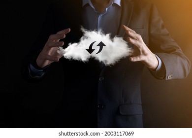 Cloud technology. Polygonal wireframe cloud storage sign with two arrows up and down on dark . Cloud computing, big data center, future infrastructure, digital ai concept. Virtual hosting symbol.