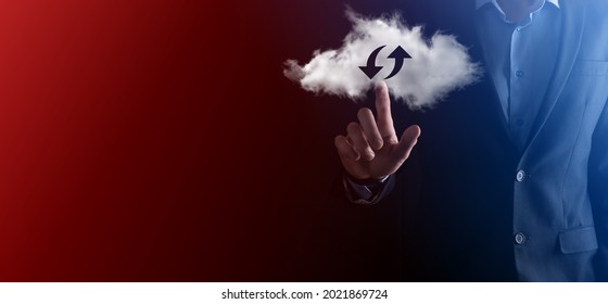 Cloud technology. Polygonal wireframe cloud storage sign with two arrows up and down on dark . Cloud computing, big data center, future infrastructure, digital ai concept. Virtual hosting symbol.