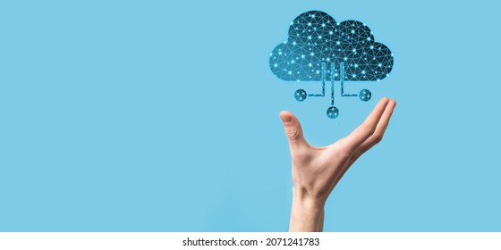 Cloud technology. Polygonal wireframe cloud storage sign with data collection icon on dark blue. Cloud computing, big data center, future infrastructure, digital ai concept. Virtual hosting symbol.