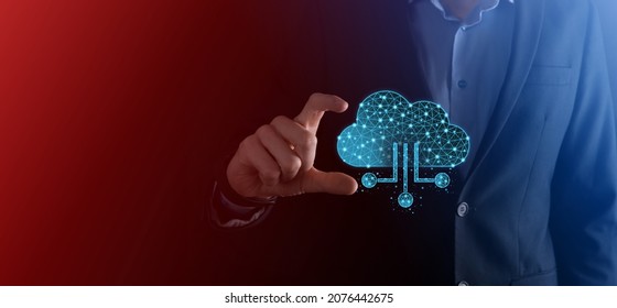 Cloud technology. Polygonal wireframe cloud storage sign with data collection icon on dark blue. Cloud computing, big data center, future infrastructure, digital ai concept. Virtual hosting symbol.