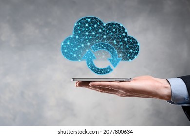Cloud technology. Polygonal wireframe cloud storage sign with two arrows up and down on dark blue. Cloud computing, big data center, future infrastructure, digital ai concept. Virtual hosting symbol.