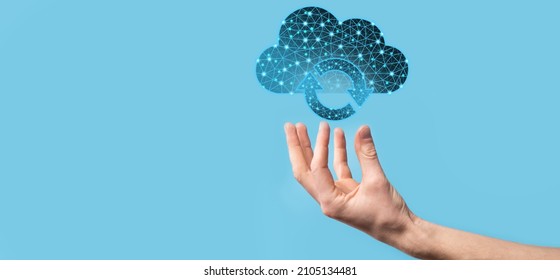 Cloud technology. Polygonal wireframe cloud storage sign with two arrows up and down on dark blue. Cloud computing, big data center, future infrastructure, digital ai concept. Virtual hosting symbol.