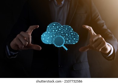 Cloud technology. Polygonal wireframe cloud storage sign with search magnifier icon on dark blue. Cloud computing, big data center, future infrastructure, digital ai concept. Virtual hosting symbol.