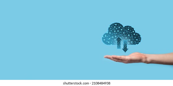 Cloud technology. Polygonal wireframe cloud storage sign with two arrows up and down on dark blue. Cloud computing, big data center, future infrastructure, digital ai concept. Virtual hosting symbol.