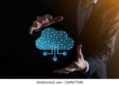 Cloud technology. Polygonal wireframe cloud storage sign with data collection icon on dark blue. Cloud computing, big data center, future infrastructure, digital ai concept. Virtual hosting symbol.