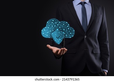Cloud technology. Polygonal wireframe cloud storage sign with shield with a tick on dark blue. Cloud computing, big data center, future infrastructure, digital ai concept. Virtual hosting symbol,icon.