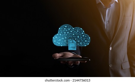 Cloud technology. Polygonal wireframe cloud storage sign with document icon on dark blue. Cloud computing, big data center, future infrastructure, digital ai concept. Virtual hosting symbol.