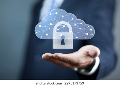 Cloud technology. Polygonal wireframe cloud storage sign with padlock