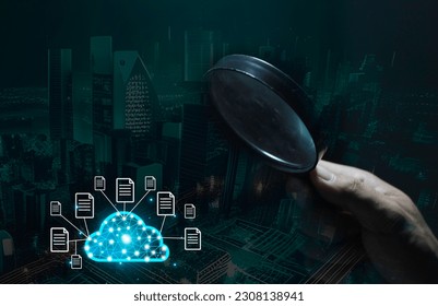 Cloud technology. Polygonal wireframe cloud storage sign with search magnifier icon on dark blue. Cloud computing, big data center, future infrastructure, digital ai concept. Virtual hosting symbol