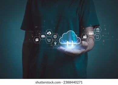 Cloud technology system. Data storage and backup, Edge computing technology. Networking and Internet service concept. big data information, financial, online banking, Business people show cloud icon.
