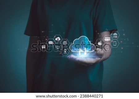 Cloud technology system. Data storage and backup, Edge computing technology. Networking and Internet service concept. big data information, financial, online banking, Business people show cloud icon.