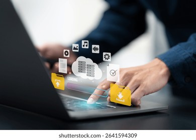 Cloud technology and Transfer file data system relocation or file sharing services concept. security access to backup copy database, business document storage folder, upload, download, file management