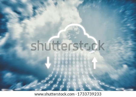 Cloud transferring data storage, On online  server Technology and Cloud icons that are currently Downloading and Uploading, High speed data with On the sky background  Concepts.