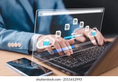 Cloud transmission data download management, Exchange file copy, DMS loading. Data transfer technology concept. FTP(File Transfer Protocol). Move file to smartphone, computer network, recovery backup