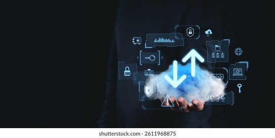 Cloud with upload and download arrows above hand, digital interface icons, neon style on black background, concept of cloud computing and data transfer