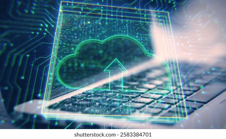 Cloud upload icon with circuit lines overlaying a laptop keyboard, glowing light effects. Abstract background representing cloud computing and data storage - Powered by Shutterstock - Get 15% off with code: PIKWIZARD15