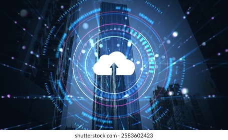 Cloud upload icon with digital circles and binary code over skyscrapers, glowing light effects on dark background, concept of cloud computing