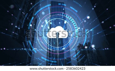 Cloud upload icon with digital circles and binary code over skyscrapers, glowing light effects on dark background, concept of cloud computing