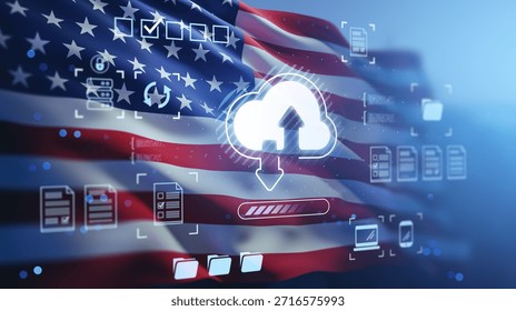 Cloud upload icon and digital data symbols over waving USA flag, futuristic hologram style on blue background, concept of online network and remote storage